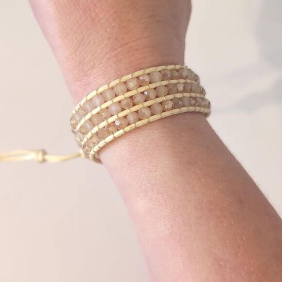 810 Crystal Champagne Beaded Petal Leather Wrap Bracelet - Picture 2 of 5